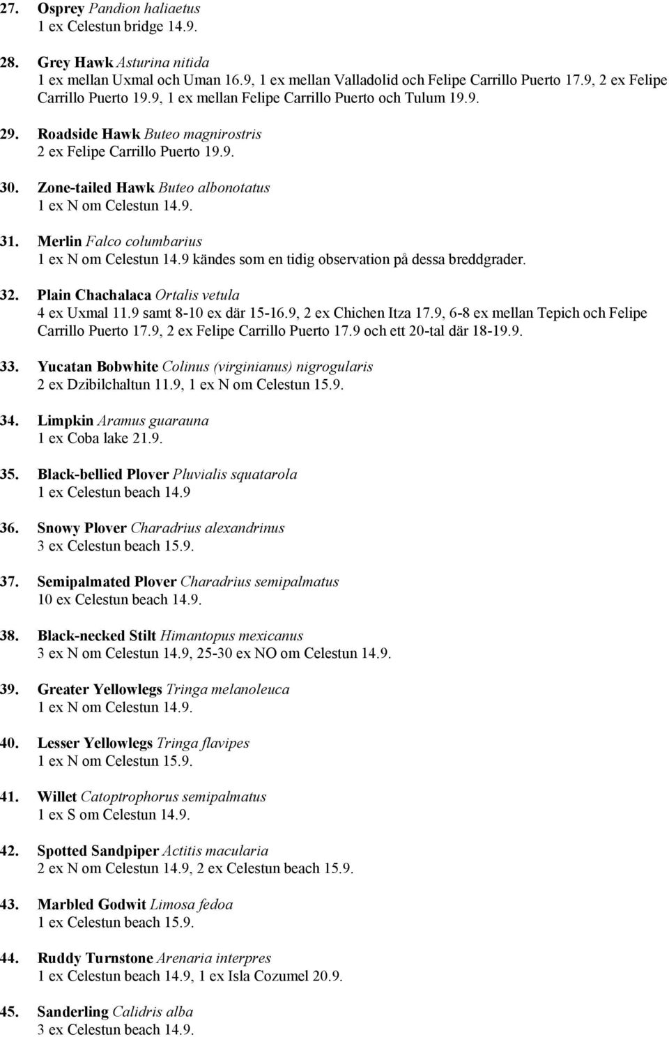 Zone-tailed Hawk Buteo albonotatus 1 ex N om Celestun 14.9. 31. Merlin Falco columbarius 1 ex N om Celestun 14.9 kändes som en tidig observation på dessa breddgrader. 32.