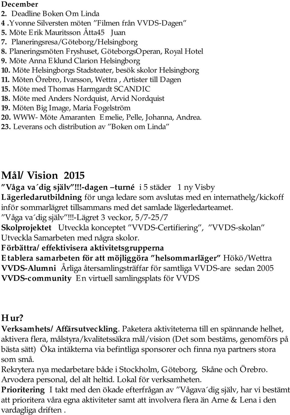 Möten Örebro, Ivarsson, Wettra, Artister till Dagen 15. Möte med Thomas Harmgardt SCANDIC 18. Möte med Anders Nordquist, Arvid Nordquist 19. Möten Big Image, Maria Fogelström 20.