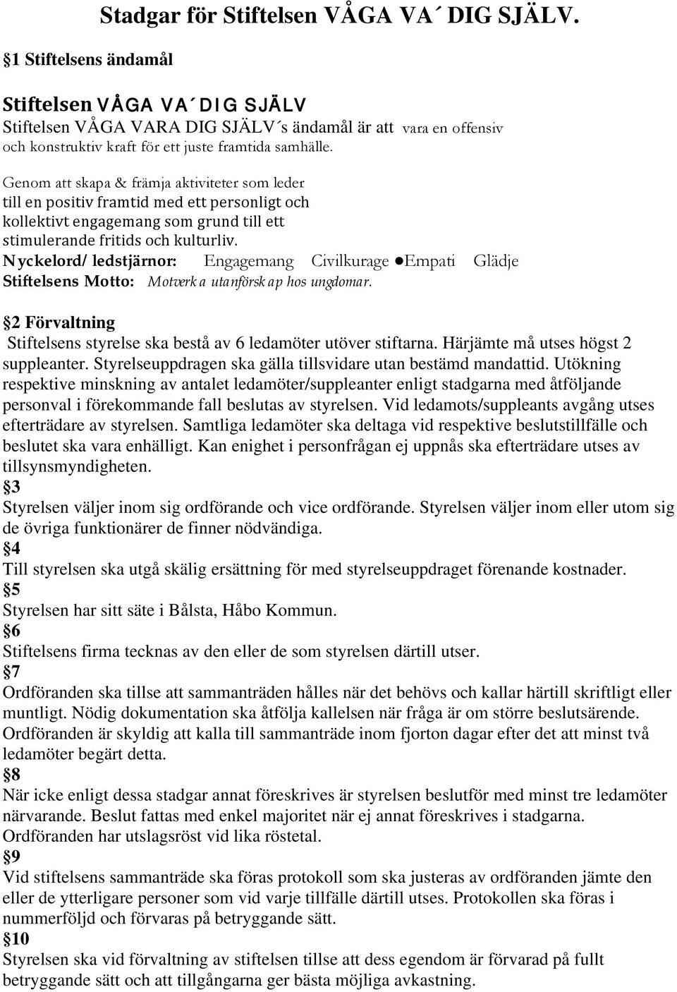 Genom att skapa & främja aktiviteter som leder Nyckelord/ledstjärnor: Engagemang Civilkurage Empati Glädje Stiftelsens Motto: Motverka utanförskap hos ungdomar.