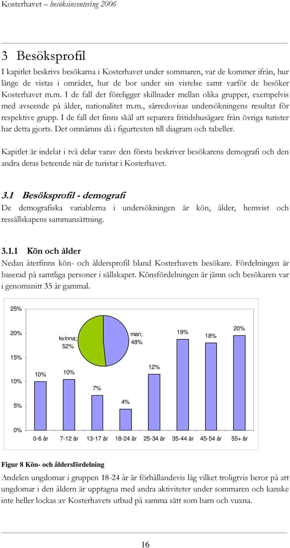 Det omnämns då i figurtexten till diagram och tabeller. Kapitlet är indelat i två delar varav den första beskriver besökarens demografi och den andra deras beteende när de turistar i Kosterhavet. 3.