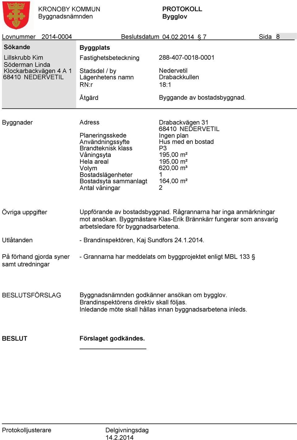 Drabackkullen 18:1 Åtgärd Byggande av bostadsbyggnad.