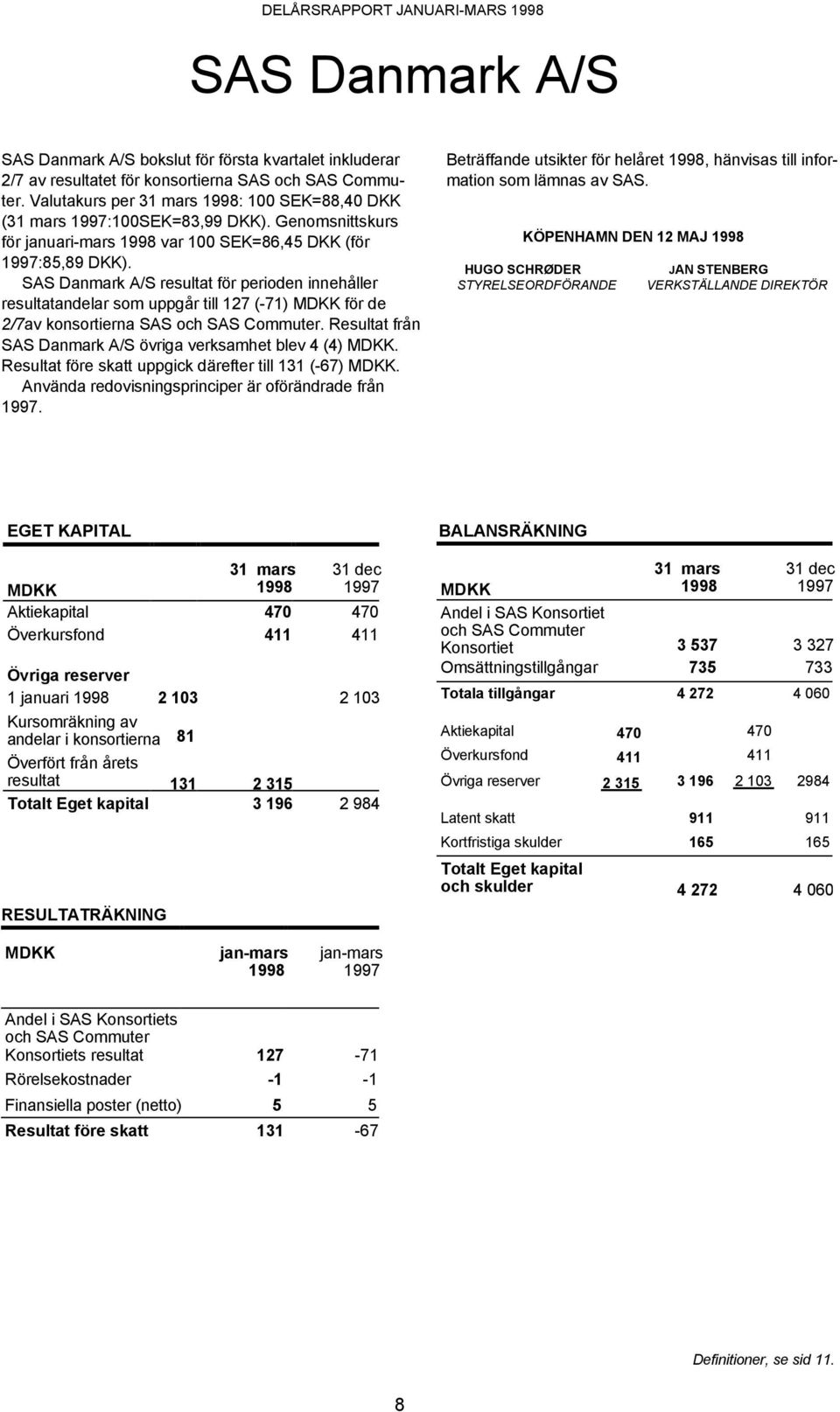 Danmark A/S resultat för perioden innehåller resultatandelar som uppgår till 127 (-71) MDKK för de 2/7av konsortierna och Commuter. Resultat från Danmark A/S övriga verksamhet blev 4 (4) MDKK.