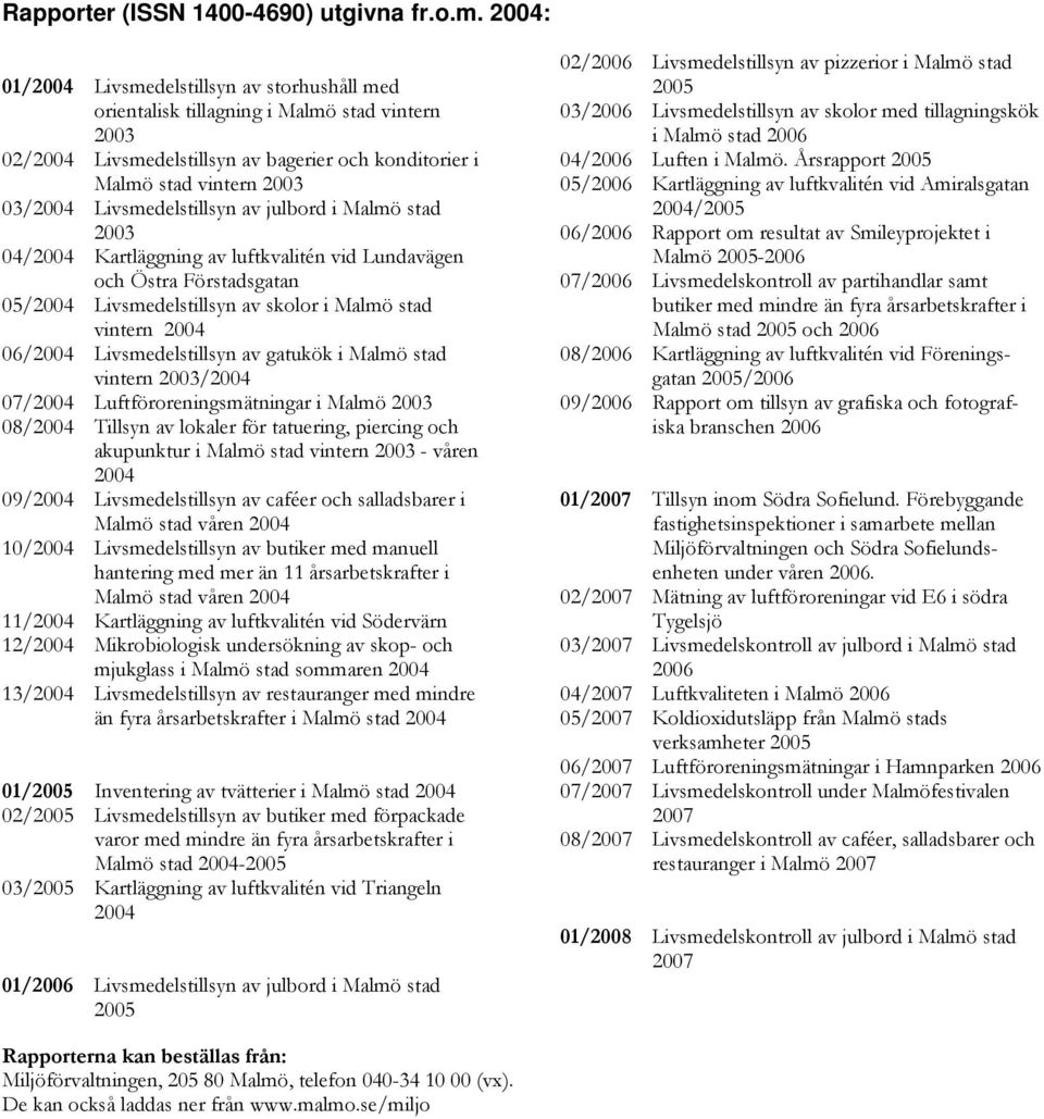 Livsmedelstillsyn av julbord i Malmö stad 2003 04/2004 Kartläggning av luftkvalitén vid Lundavägen och Östra Förstadsgatan 05/2004 Livsmedelstillsyn av skolor i Malmö stad vintern 2004 06/2004