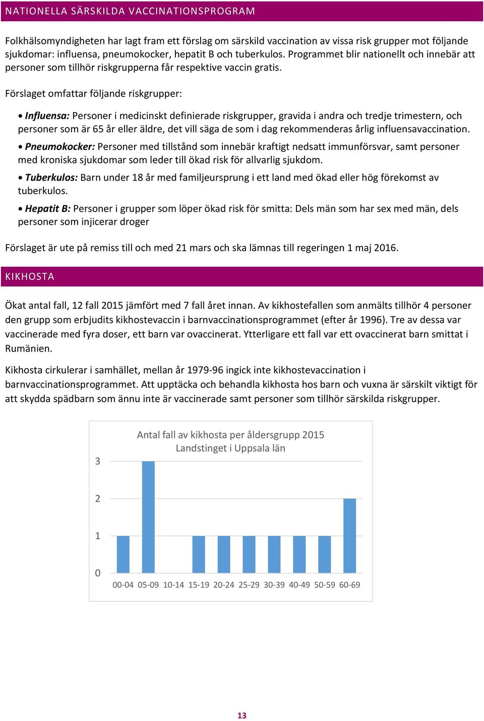 Förslaget omfattar följande riskgrupper: Influensa: Personer i medicinskt definierade riskgrupper, gravida i andra och tredje trimestern, och personer som är 65 år eller äldre, det vill säga de som i