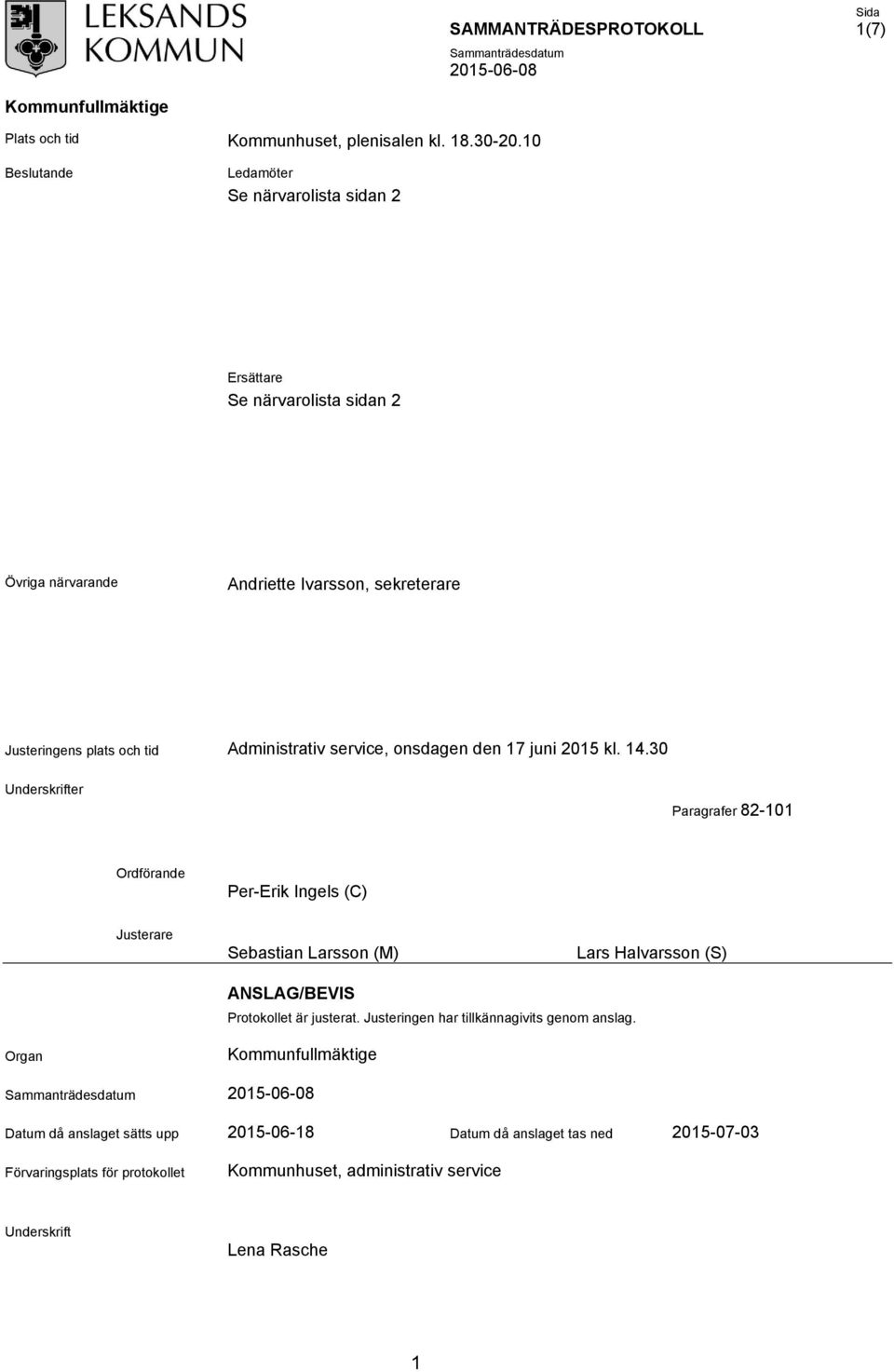 Administrativ service, onsdagen den 17 juni 2015 kl. 14.