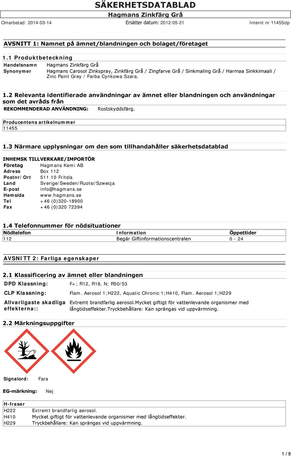 2 Relevanta identifierade användningar av ämnet eller blandningen och användningar som det avråds från REKOMMENDERAD ANVÄNDNING: Rostskyddsfärg. Producentens artikelnummer 11455 1.