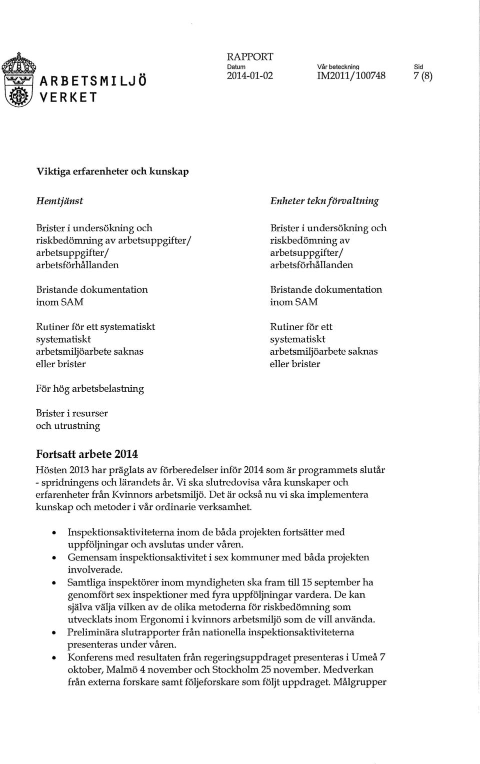 Brister i undersökning och riskbedömning av arbetsuppgifter/ arbetsförhållanden Bristande dokumentation inom SAM Rutiner för ett systematiskt arbetsmiljöarbete saknas eller brister Fortsatt arbete