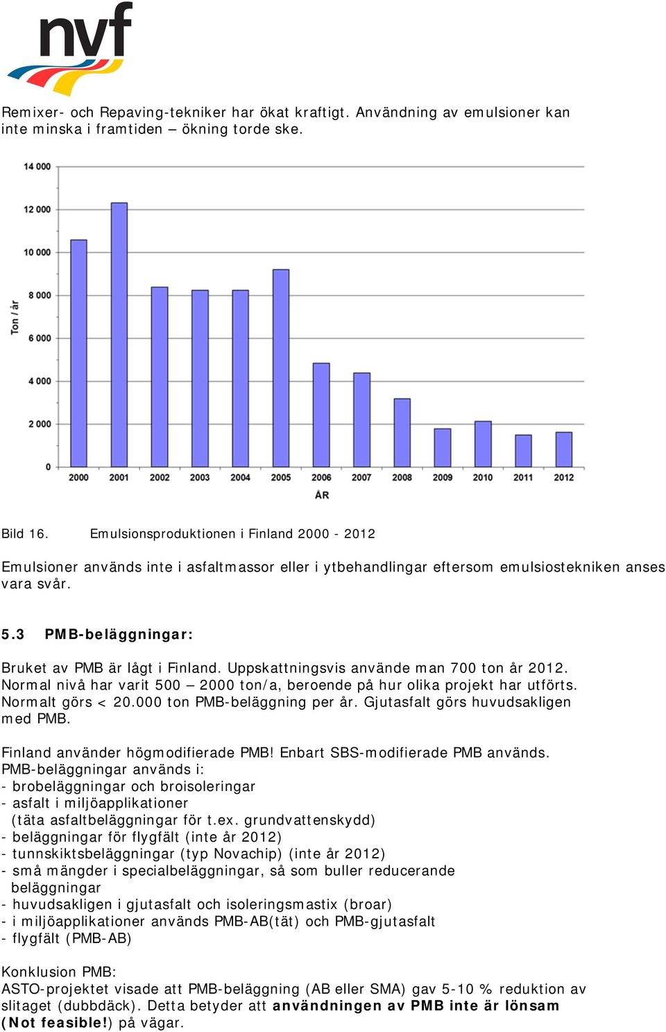 3 PMB-beläggningar: Bruket av PMB är lågt i Finland. Uppskattningsvis använde man 700 ton år 2012. Normal nivå har varit 500 2000 ton/a, beroende på hur olika projekt har utförts. Normalt görs < 20.