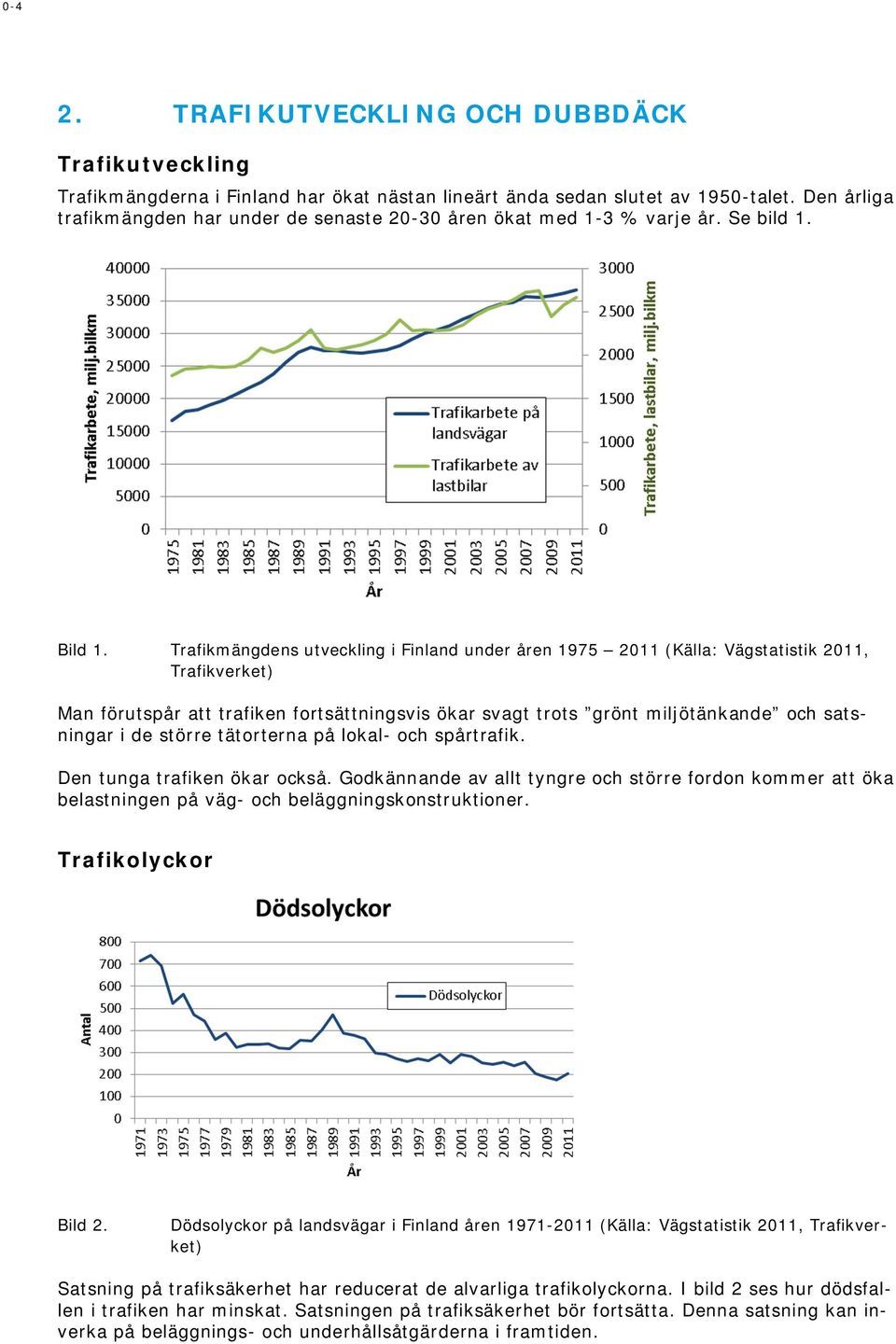 Trafikmängdens utveckling i Finland under åren 1975 2011 (Källa: Vägstatistik 2011, Trafikverket) Man förutspår att trafiken fortsättningsvis ökar svagt trots grönt miljötänkande och satsningar i de