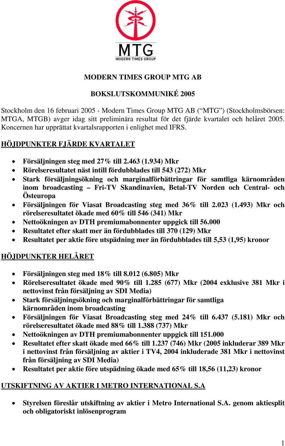 934) Mkr Rörelseresultatet näst intill fördubblades till 543 (272) Mkr Stark försäljningsökning och marginalförbättringar för samtliga kärnområden inom broadcasting Fri-TV Skandinavien, Betal-TV