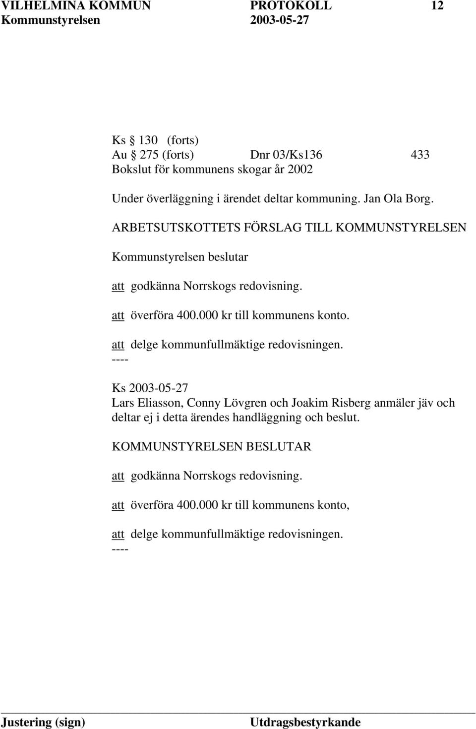 000 kr till kommunens konto. att delge kommunfullmäktige redovisningen.