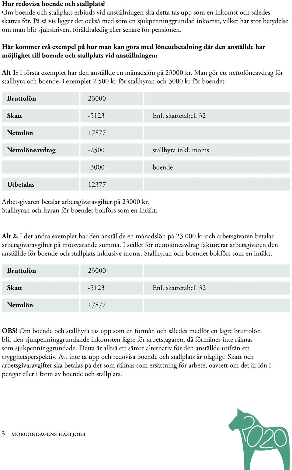 Här kommer två exempel på hur man kan göra med löneutbetalning där den anställde har möjlighet till boende och stallplats vid anställningen: Alt 1: I första exemplet har den anställde en månadslön på