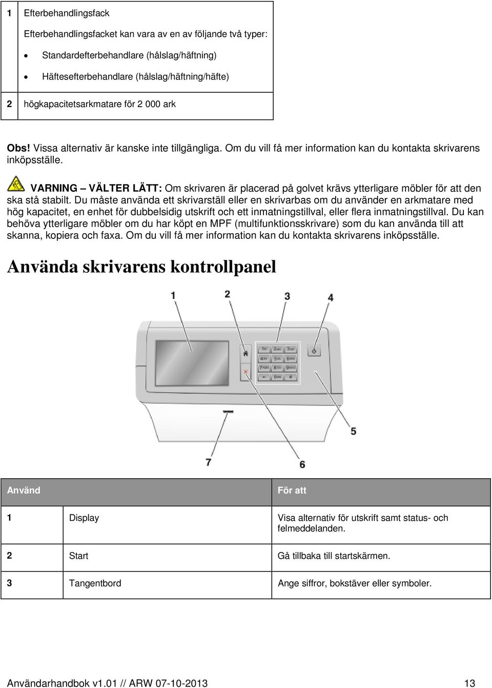 VARNING VÄLTER LÄTT: Om skrivaren är placerad på golvet krävs ytterligare möbler för att den ska stå stabilt.