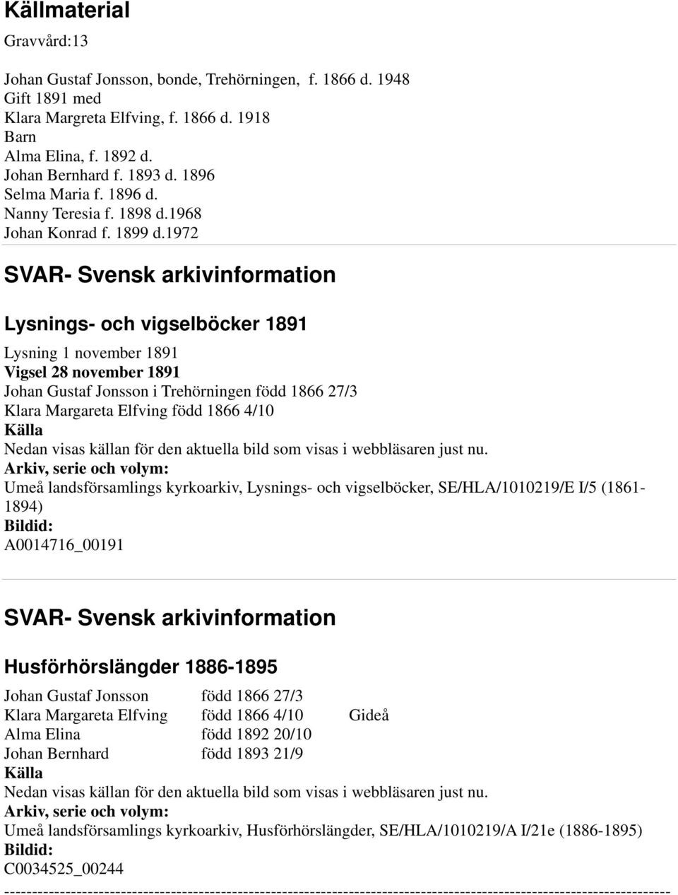 1972 SVAR- Svensk arkivinformation Lysnings- och vigselböcker 1891 Lysning 1 november 1891 Vigsel 28 november 1891 Johan Gustaf Jonsson i född 1866 27/3 Klara Margareta Elfving född 1866 4/10 Umeå