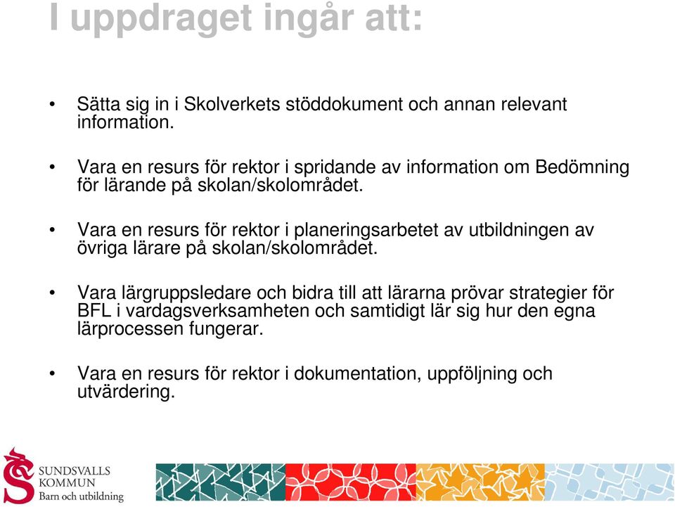 Vara en resurs för rektor i planeringsarbetet av utbildningen av övriga lärare på skolan/skolområdet.