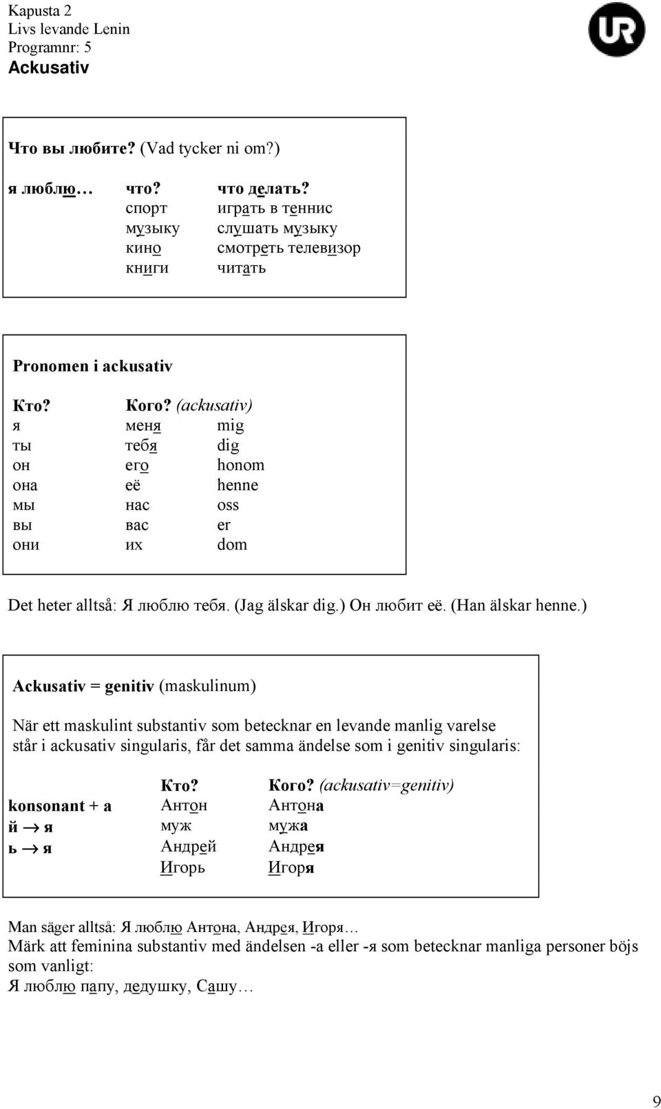 ) Ackusativ = genitiv (maskulinum) När ett maskulint substantiv som betecknar en levande manlig varelse står i ackusativ singularis, får det samma ändelse som i genitiv singularis: Кто? Кого?