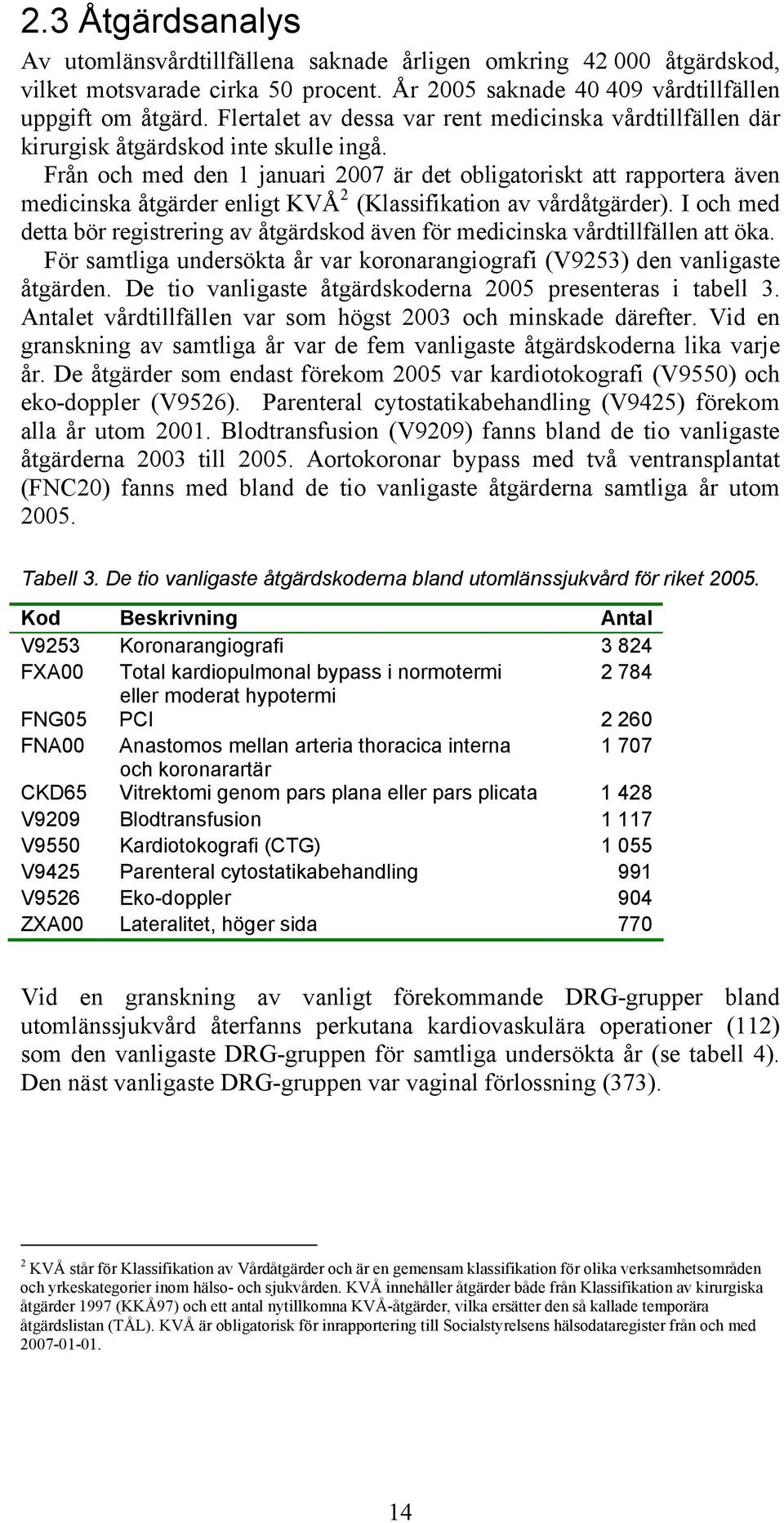 Från och med den 1 januari 2007 är det obligatoriskt att rapportera även medicinska åtgärder enligt KVÅ 2 (Klassifikation av vårdåtgärder).