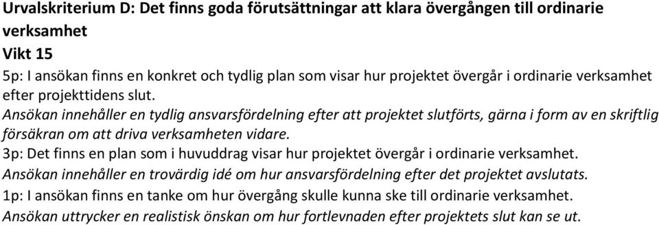 Ansökan innehåller en tydlig ansvarsfördelning efter att projektet slutförts, gärna i form av en skriftlig försäkran om att driva verksamheten vidare.