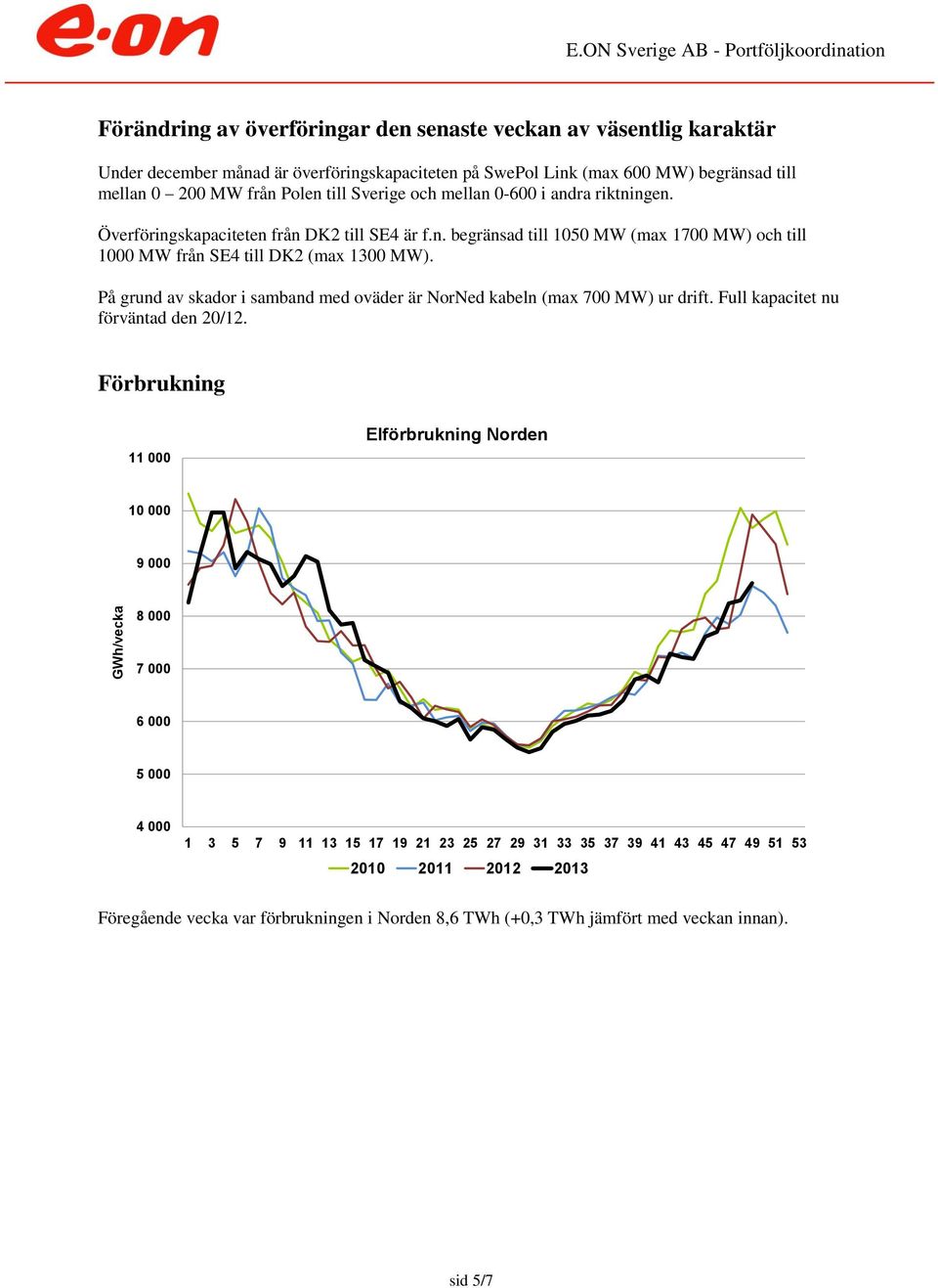 På grund av skador i samband med oväder är NorNed kabeln (max 7 MW) ur drift. Full kapacitet nu förväntad den 2/12.