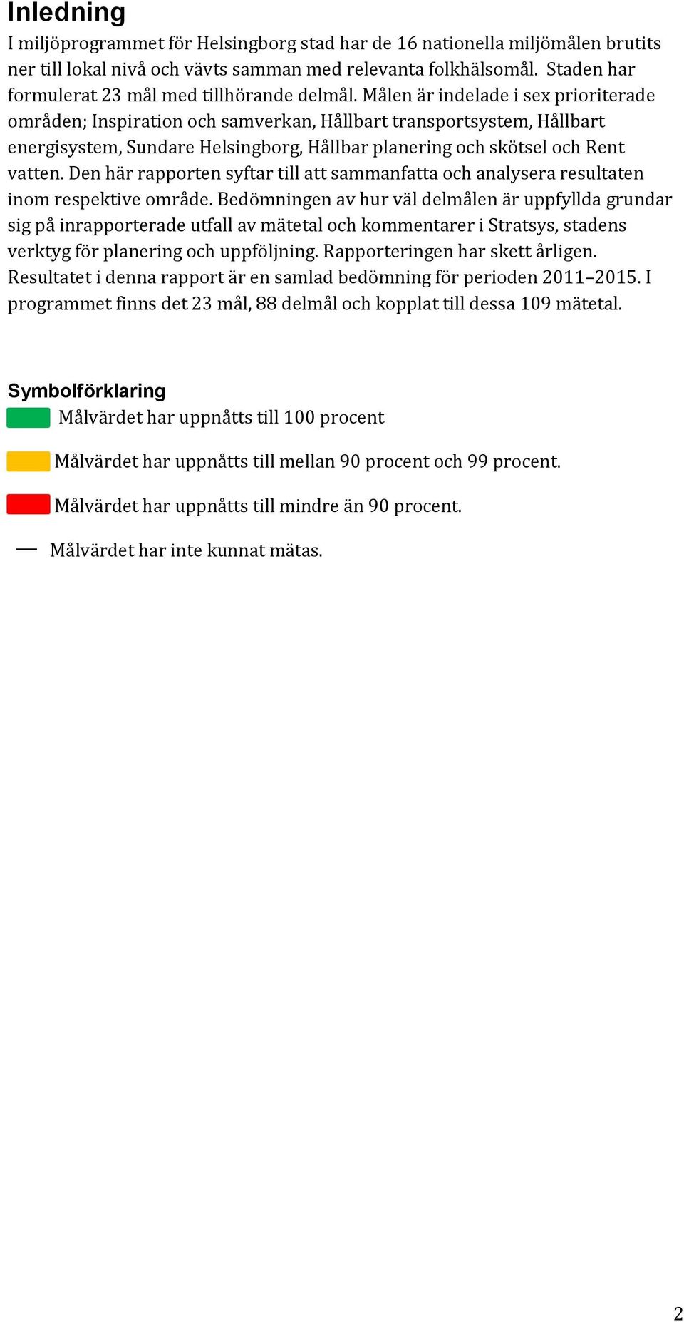 Målen är indelade i sex prioriterade områden; Inspiration och samverkan, Hållbart transportsystem, Hållbart energisystem, Sundare Helsingborg, Hållbar planering och skötsel och Rent vatten.