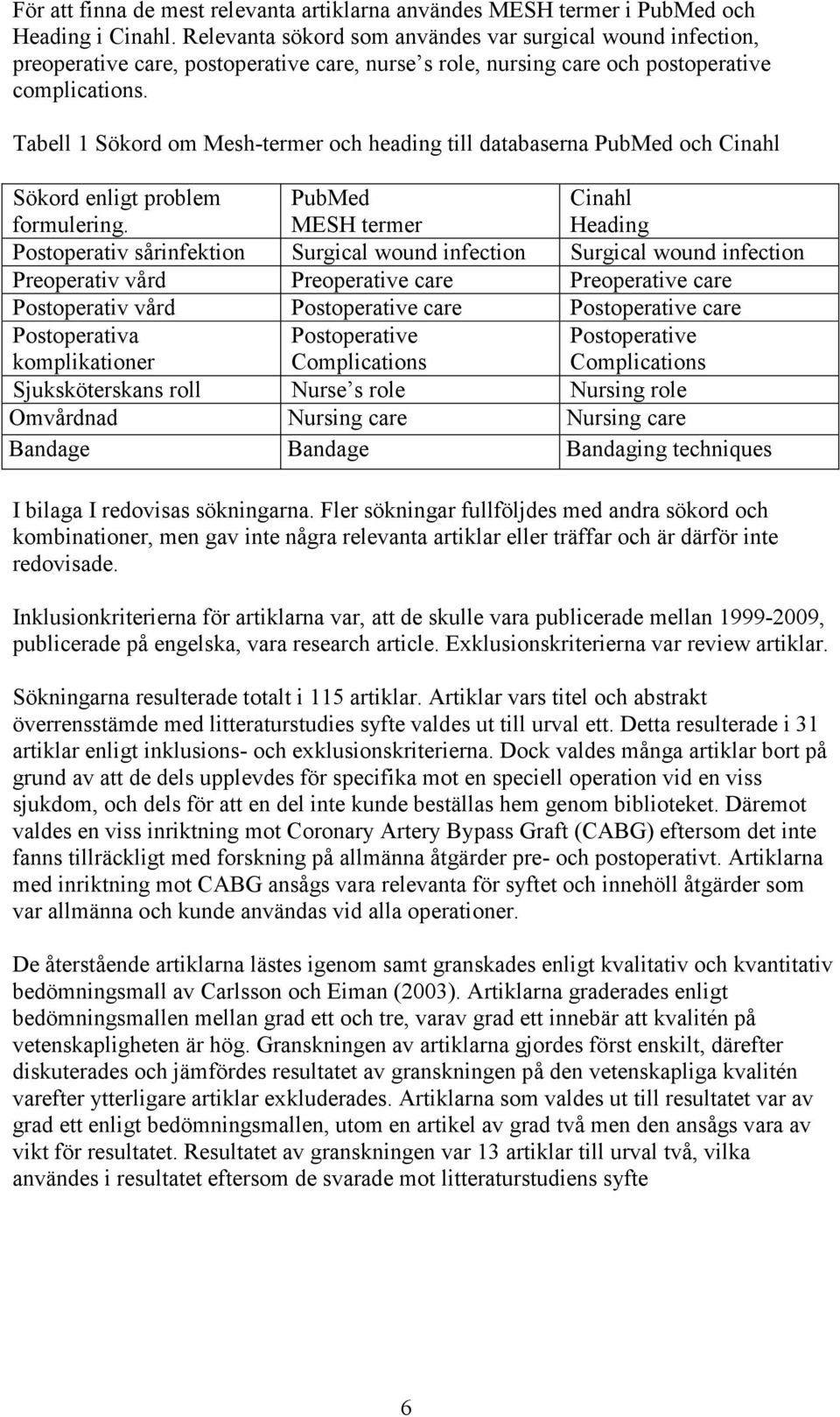 Tabell 1 Sökord om Mesh-termer och heading till databaserna PubMed och Cinahl Sökord enligt problem formulering.