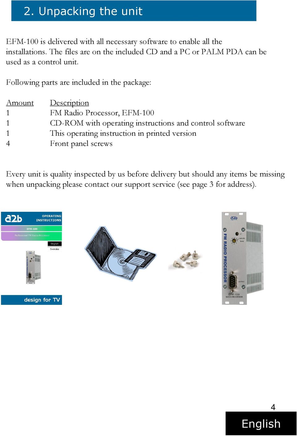 Following parts are included in the package: Amount Description 1 FM Radio Processor, EFM-100 1 CD-ROM with operating instructions and control