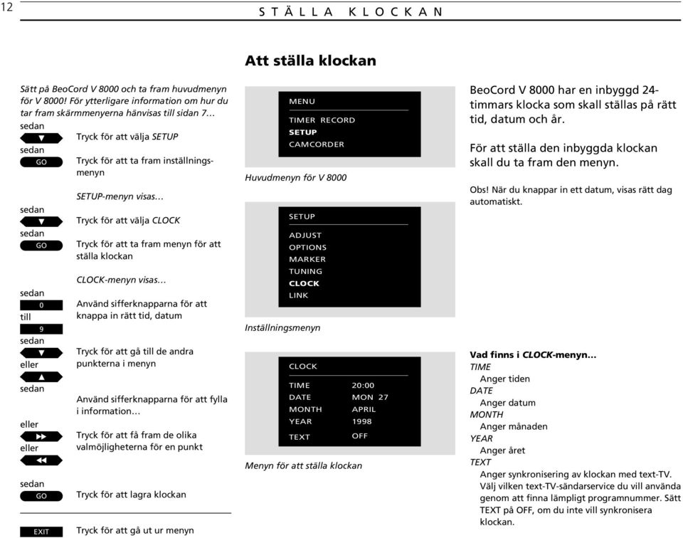 att välja CLOCK Tryck för att ta fram menyn för att ställa klockan CLOCK-menyn visas Använd sifferknapparna för att knappa in rätt tid, datum Tryck för att gå till de andra punkterna i menyn Använd