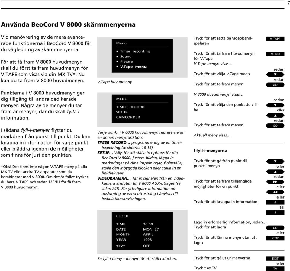 Tape menu Tryck för att sätta på videobandspelaren Tryck för att ta fram huvudmenyn för V.Tape V.Tape menyn visas Tryck för att välja V.