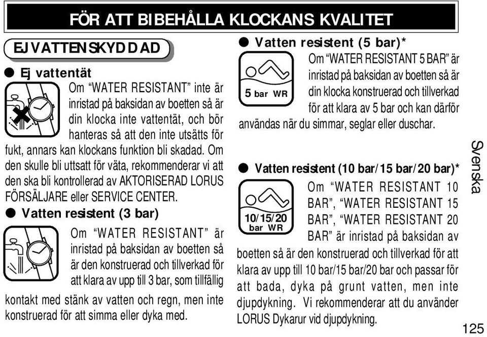 hanteras så att den inte utsätts för fukt, annars kan klockans funktion bli skadad.