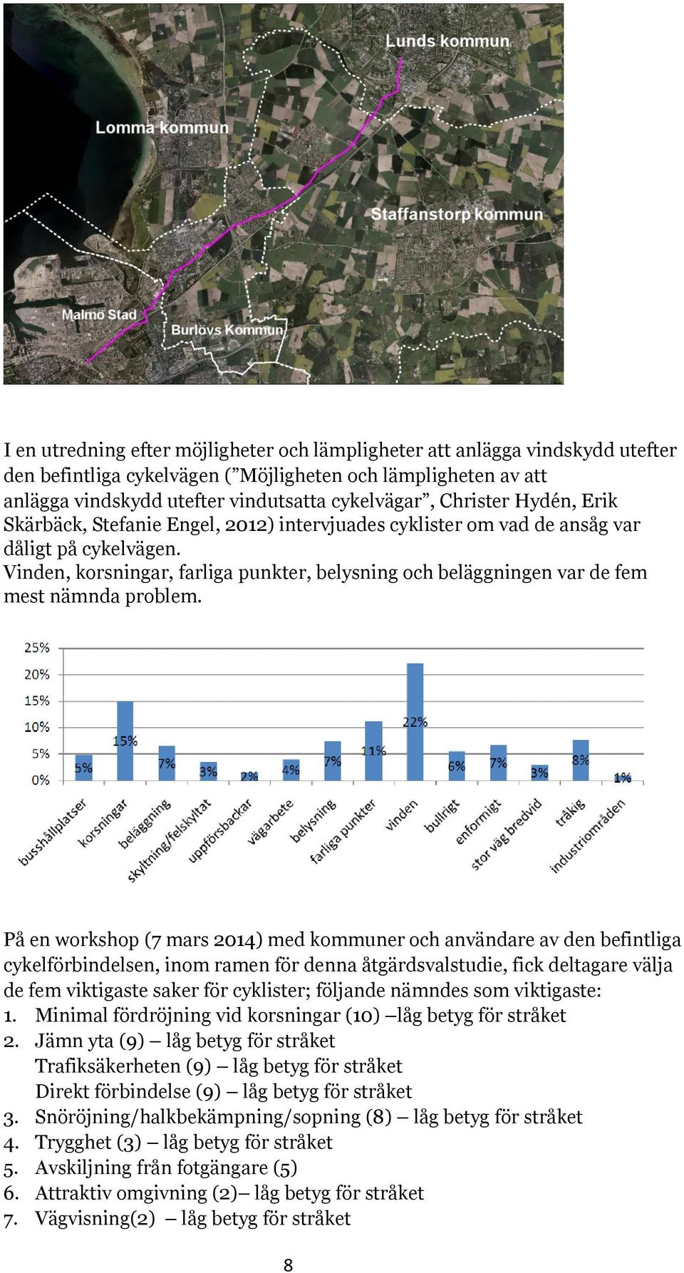 Vinden, korsningar, farliga punkter, belysning och beläggningen var de fem mest nämnda problem.