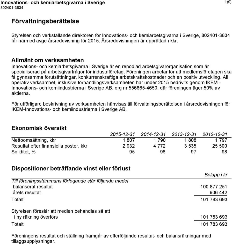 Allmänt om verksamheten Innovations- och kemiarbetsgivarna i Sverige är en renodlad arbetsgivarorganisation som är specialiserad på arbetsgivarfrågor för industriföretag.