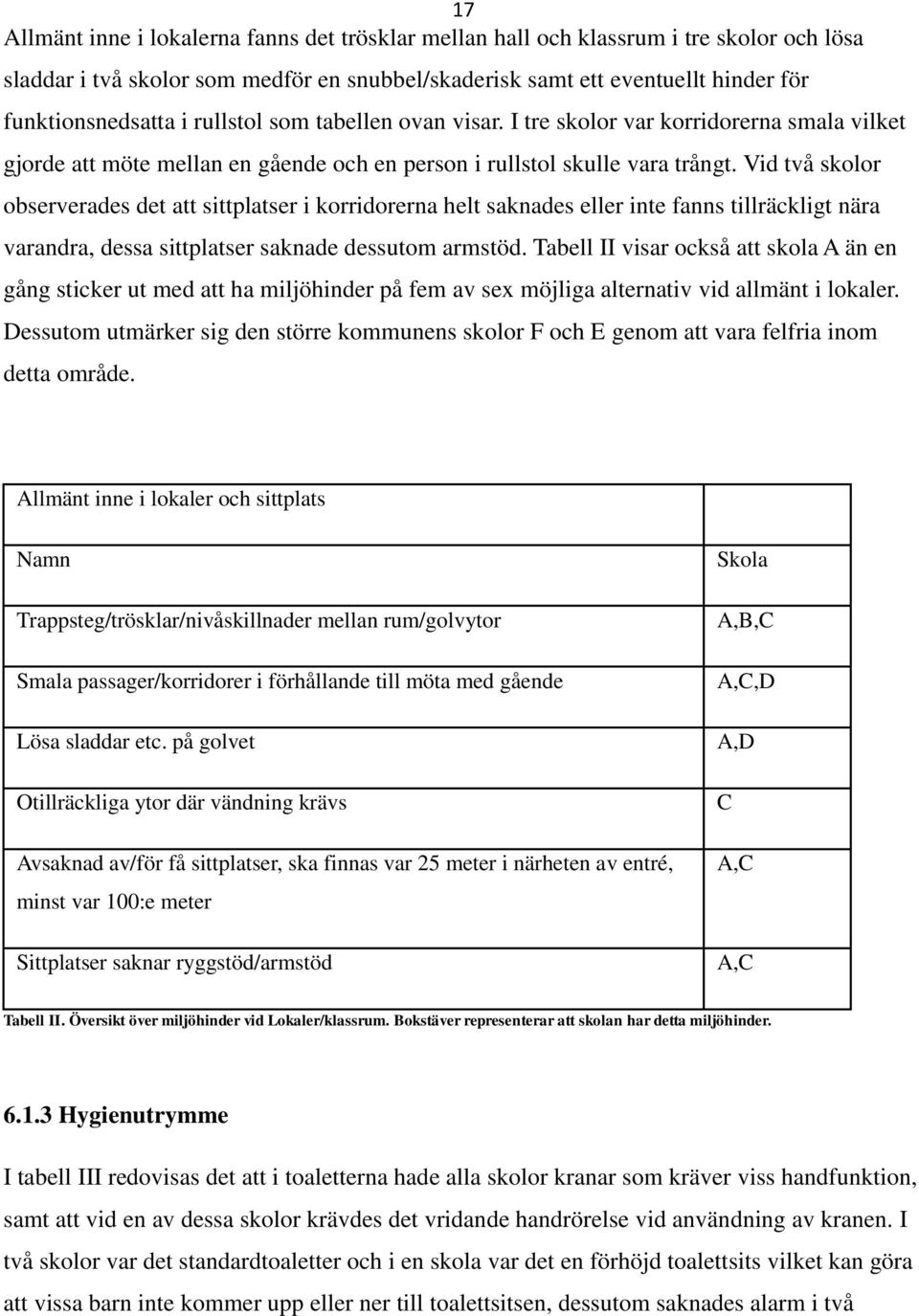 Vid två skolor observerades det att sittplatser i korridorerna helt saknades eller inte fanns tillräckligt nära varandra, dessa sittplatser saknade dessutom armstöd.