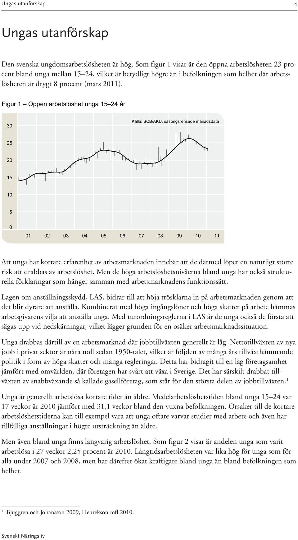 Figur 1 Öppen arbetslöshet unga 15 24 år 30 Källa: SCB/AKU, säsongsrensade månadsdata 25 20 15 10 5 0 01 02 03 04 05 06 07 08 09 10 11 Att unga har kortare erfarenhet av arbetsmarknaden innebär att