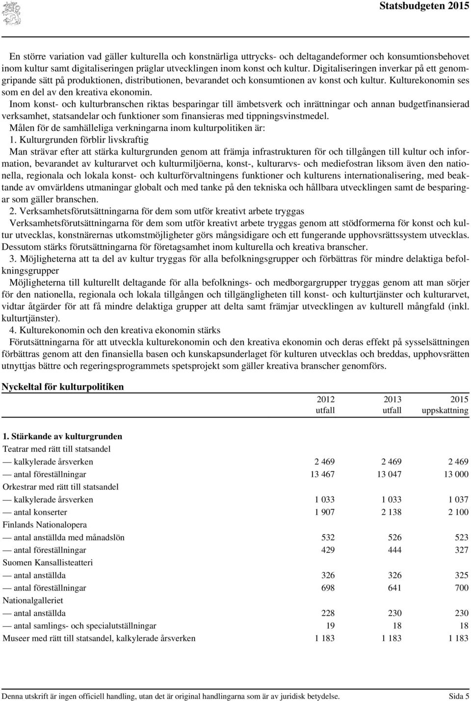 Inom konst- och kulturbranschen riktas besparingar till ämbetsverk och inrättningar och annan budgetfinansierad verksamhet, statsandelar och funktioner som finansieras med tippningsvinstmedel.