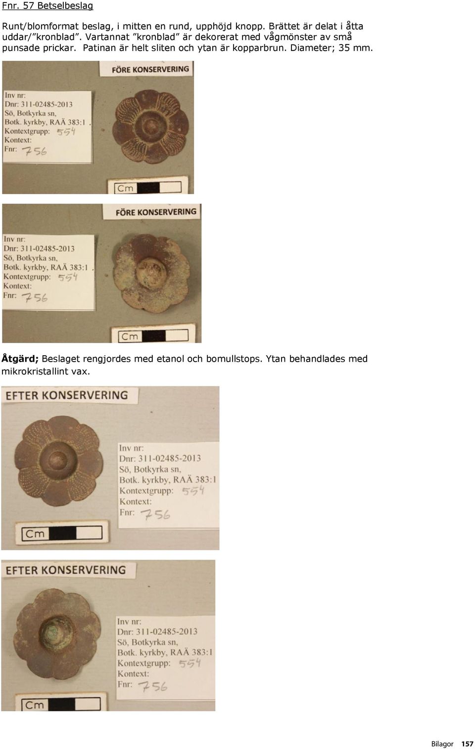 Åtgärd; Beslaget rengjordes med etanol och bomullstops. Ytan behandlades med mikrokristallint vax. Fnr. 58 Beslag Beslag till seldon?