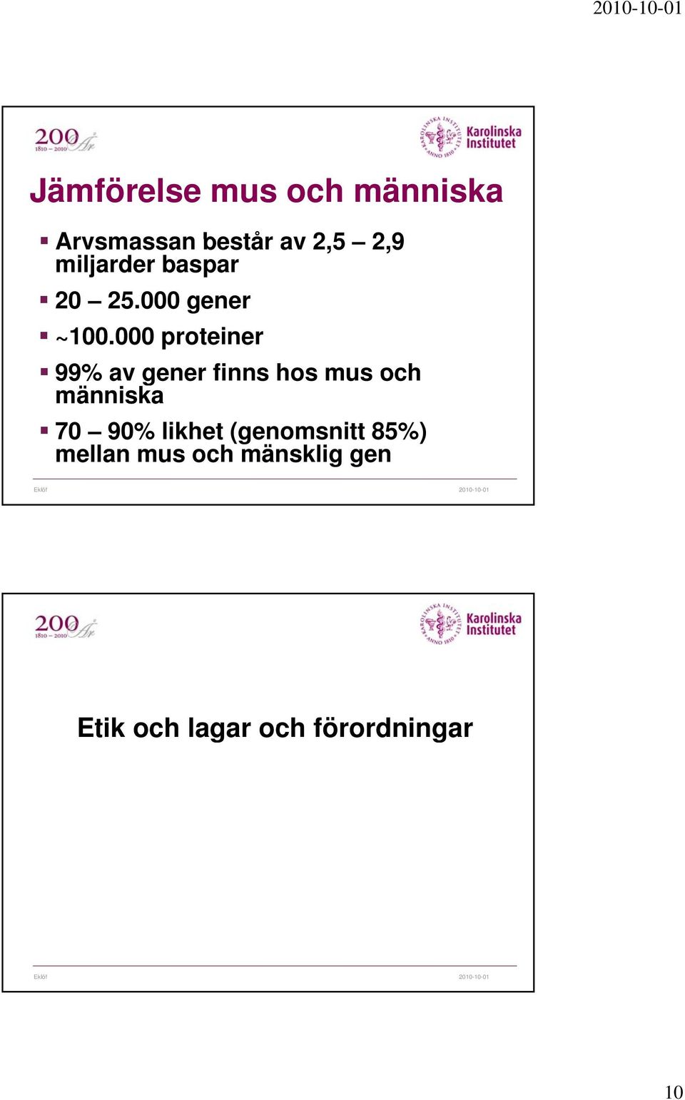 000 proteiner 99% av gener finns hos mus och människa 70 90%