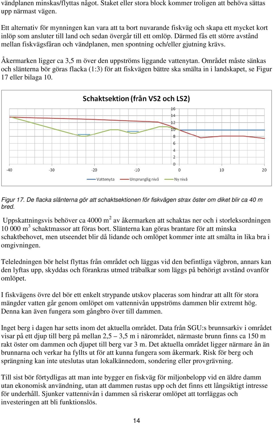 Därmed fås ett större avstånd mellan fiskvägsfåran och vändplanen, men spontning och/eller gjutning krävs. Åkermarken ligger ca 3,5 m över den uppströms liggande vattenytan.