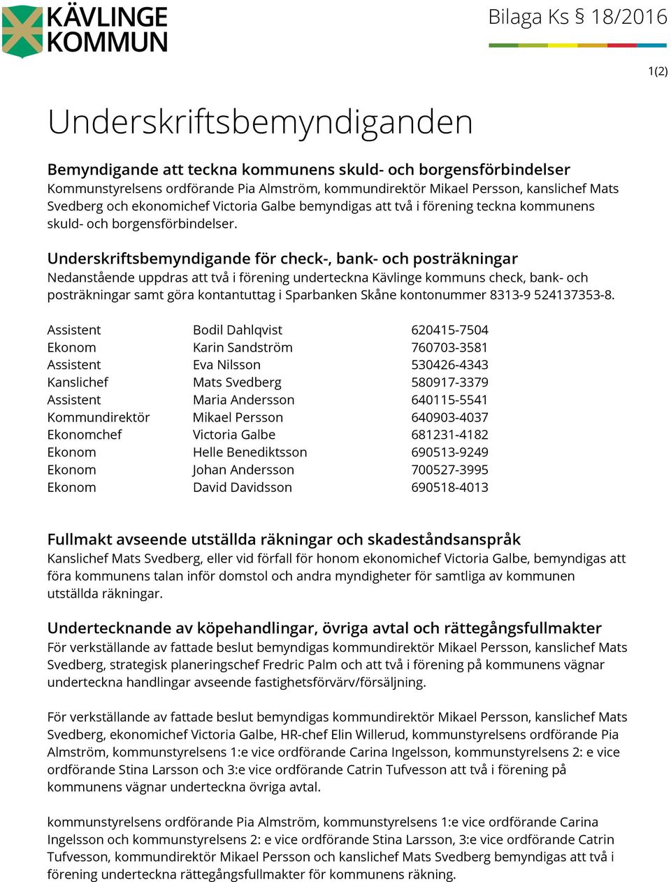 Underskriftsbemyndigande för check-, bank- och posträkningar Nedanstående uppdras att två i förening underteckna Kävlinge kommuns check, bank- och posträkningar samt göra kontantuttag i Sparbanken