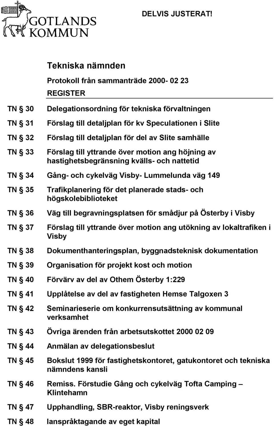 detaljplan för del av Slite samhälle Förslag till yttrande över motion ang höjning av hastighetsbegränsning kvälls- och nattetid TN 34 Gång- och cykelväg Visby- Lummelunda väg 149 TN 35 TN 36 TN 37