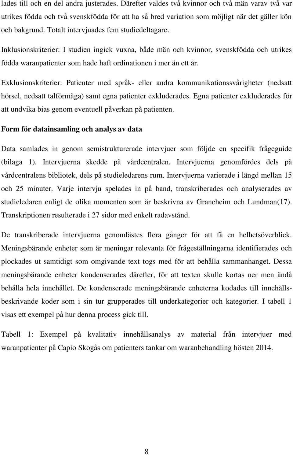 Totalt intervjuades fem studiedeltagare. Inklusionskriterier: I studien ingick vuxna, både män och kvinnor, svenskfödda och utrikes födda waranpatienter som hade haft ordinationen i mer än ett år.