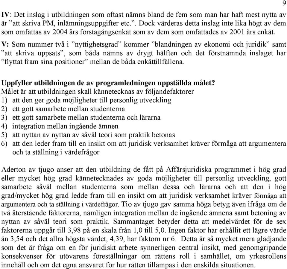 V: Som nummer två i nyttighetsgrad kommer blandningen av ekonomi och juridik samt att skriva uppsats, som båda nämns av drygt hälften och det förstnämnda inslaget har flyttat fram sina positioner