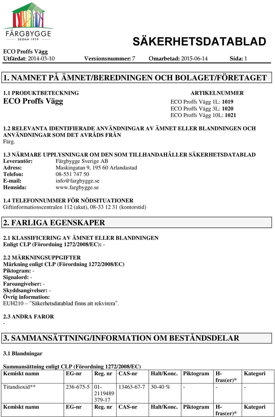 3 NÄRMARE UPPLYSNINGAR OM DEN SOM TILLHANDAHÅLLER SÄKERHETSDATABLAD Leverantör: Färgbygge Sverige AB Adress: Maskingatan 9, 195 60 Arlandastad Telefon: 08551 747 50 Email: info@fargbygge.