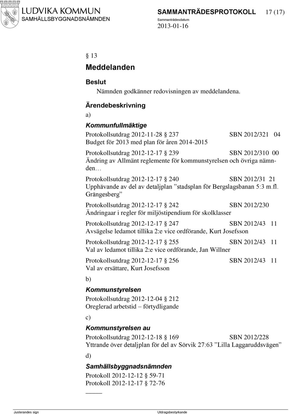 kommunstyrelsen och övriga nämnden Protokollsutdrag 2012-12-17 240 SBN 2012/31 21 Upphävande av del av detaljplan stadsplan för Bergslagsbanan 5:3 m.fl.