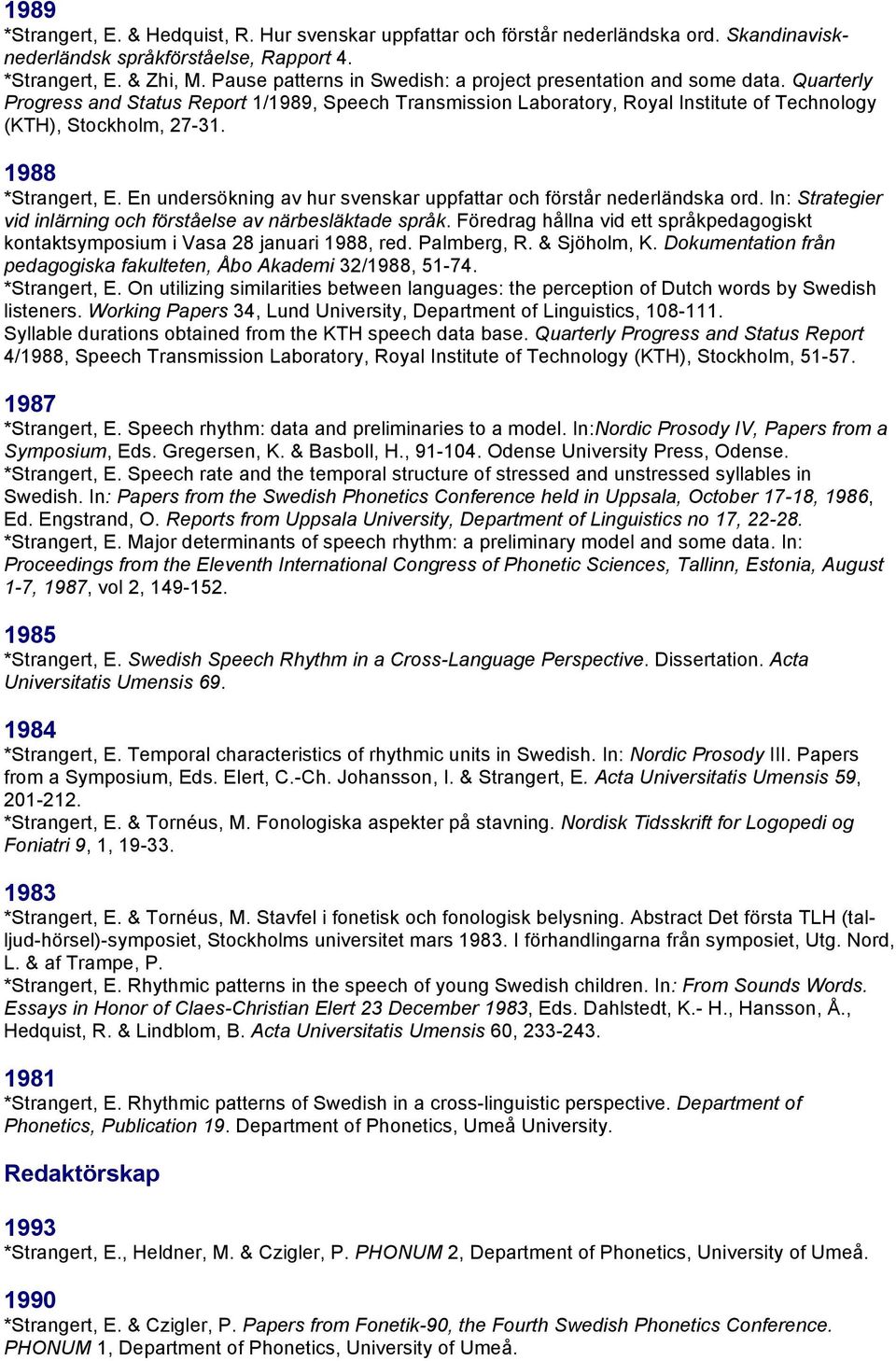 1988 *Strangert, E. En undersökning av hur svenskar uppfattar och förstår nederländska ord. In: Strategier vid inlärning och förståelse av närbesläktade språk.