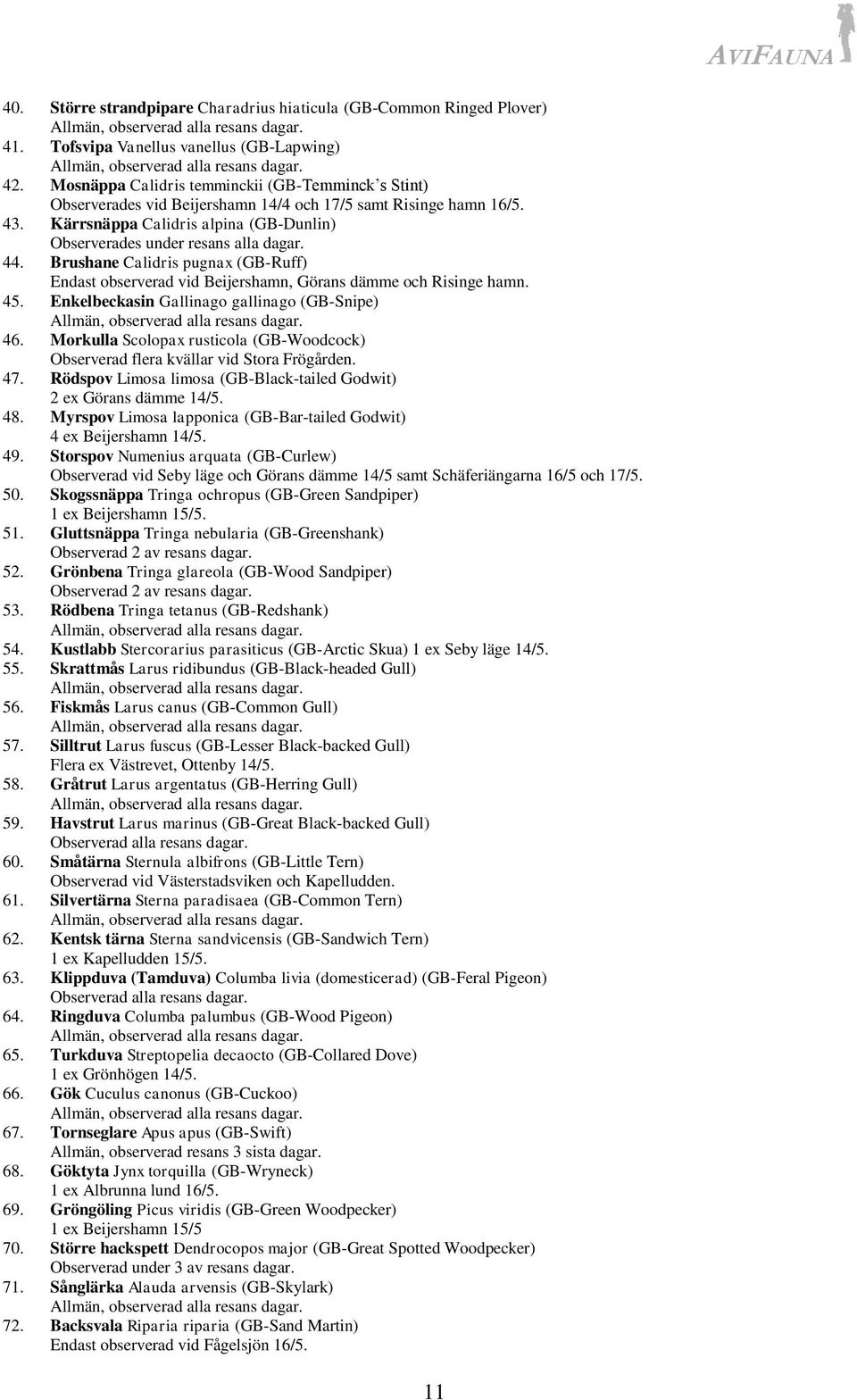 44. Brushane Calidris pugnax (GB-Ruff) Endast observerad vid Beijershamn, Görans dämme och Risinge hamn. 45. Enkelbeckasin Gallinago gallinago (GB-Snipe) 46.