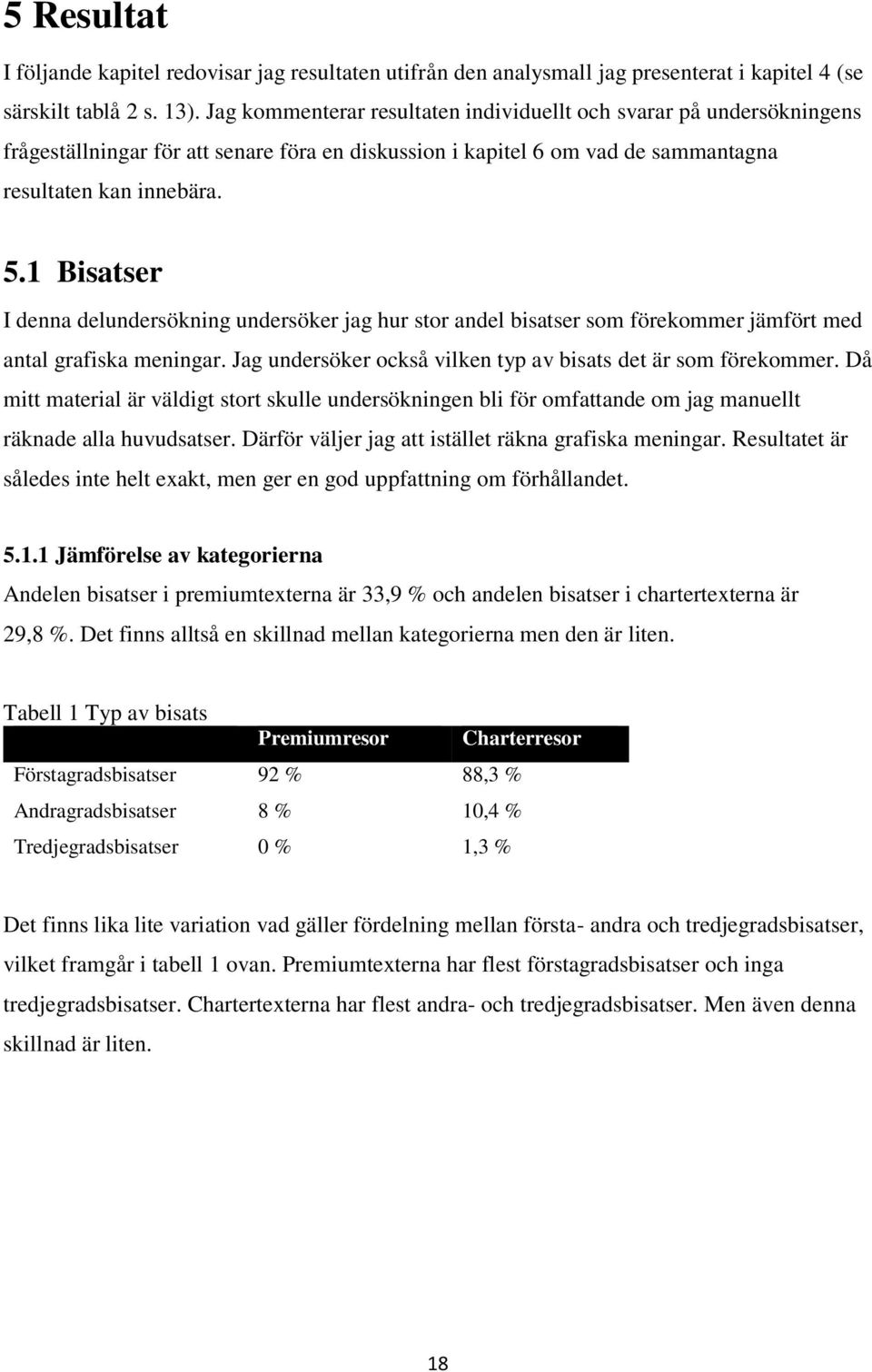 1 Bisatser I denna delundersökning undersöker jag hur stor andel bisatser som förekommer jämfört med antal grafiska meningar. Jag undersöker också vilken typ av bisats det är som förekommer.