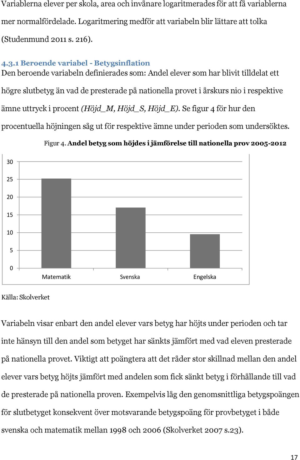 respektive ämne uttryck i procent (Höjd_M, Höjd_S, Höjd_E). Se figur 4 för hur den procentuella höjningen såg ut för respektive ämne under perioden som undersöktes. Figur 4.