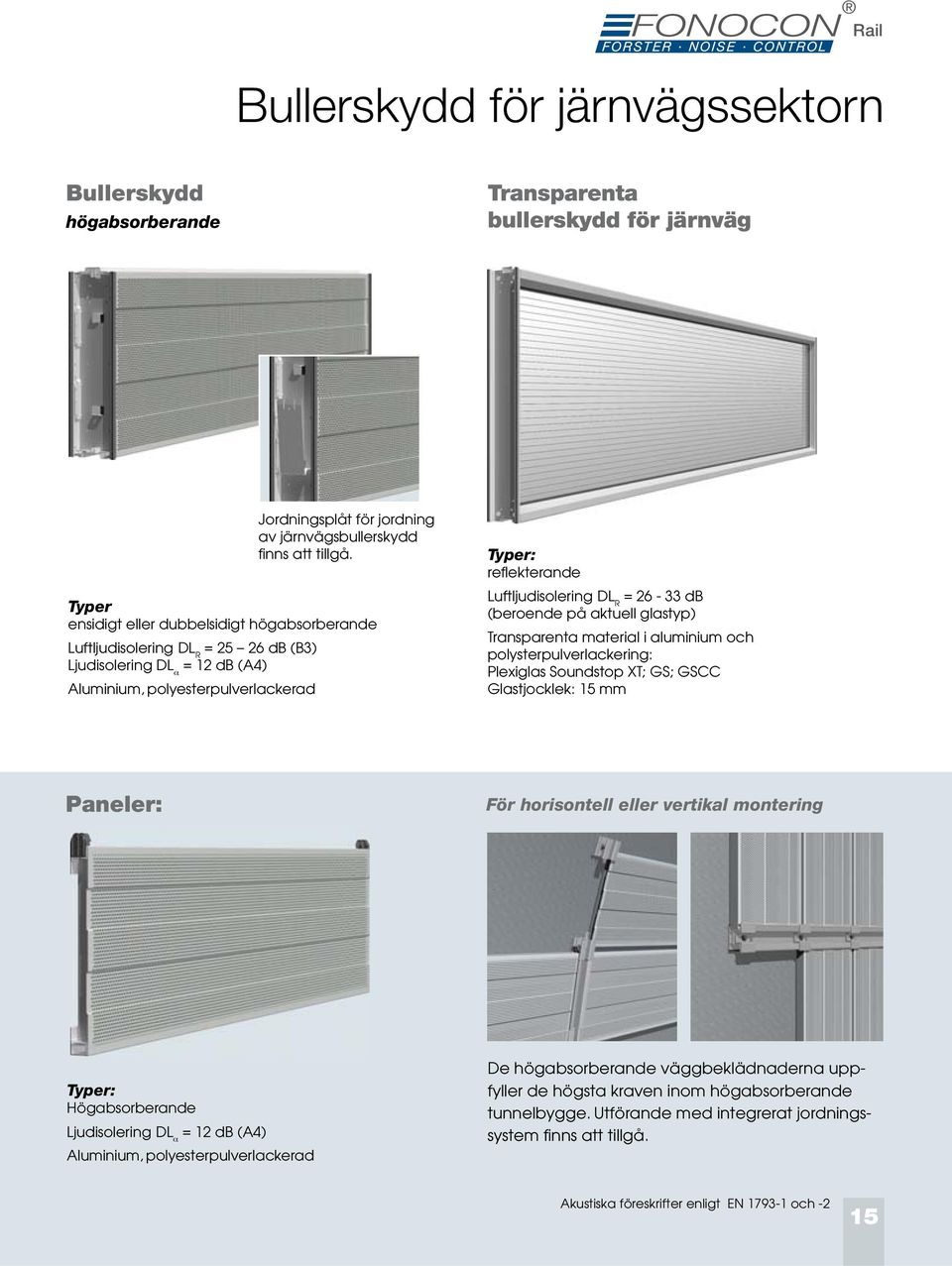 R = 26-33 db (beroende på aktuell glastyp) Transparenta material i aluminium och polysterpulverlackering: Plexiglas Soundstop XT; GS; GSCC Glastjocklek: 15 mm Paneler: För horisontell eller vertikal