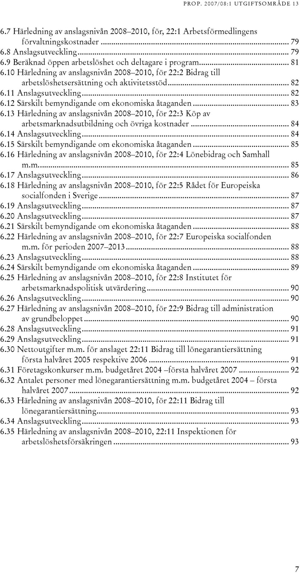 13 Härledning av anslagsnivån 2008 2010, för 22:3 Köp av arbetsmarknadsutbildning och övriga kostnader... 84 6.14 Anslagsutveckling... 84 6.15 Särskilt bemyndigande om ekonomiska åtaganden... 85 6.