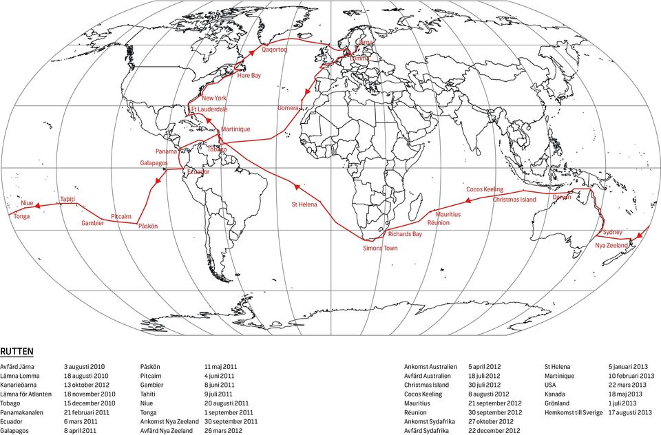 december 2010 Panamakanalen 21 februari 2011 Ecuador 6 mars 2011 Galapagos 8 april 2011 Påskön 11 maj 2011 Pitcairn 4 juni 2011 Gambier 8 juni 2011 Tahiti 9 juli 2011 Niue 20 augusti 2011 Tonga 1